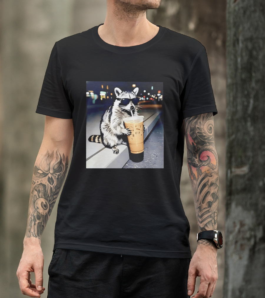 Raccoon Wearing Sunglasses Enjoying Iced Coffee Night Scene T-Shirt