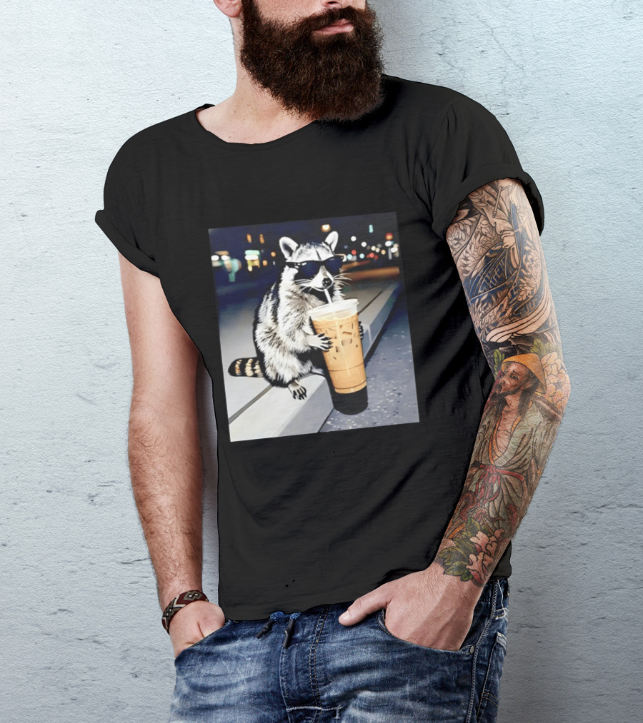 Raccoon Wearing Sunglasses Enjoying Iced Coffee Night Scene T-Shirt