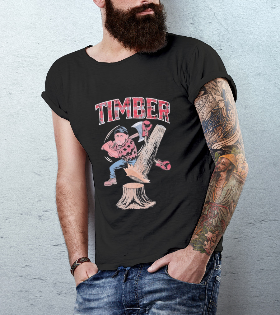 Timber Lumberjack Cartoon With Axe And Falling Tree T-Shirt