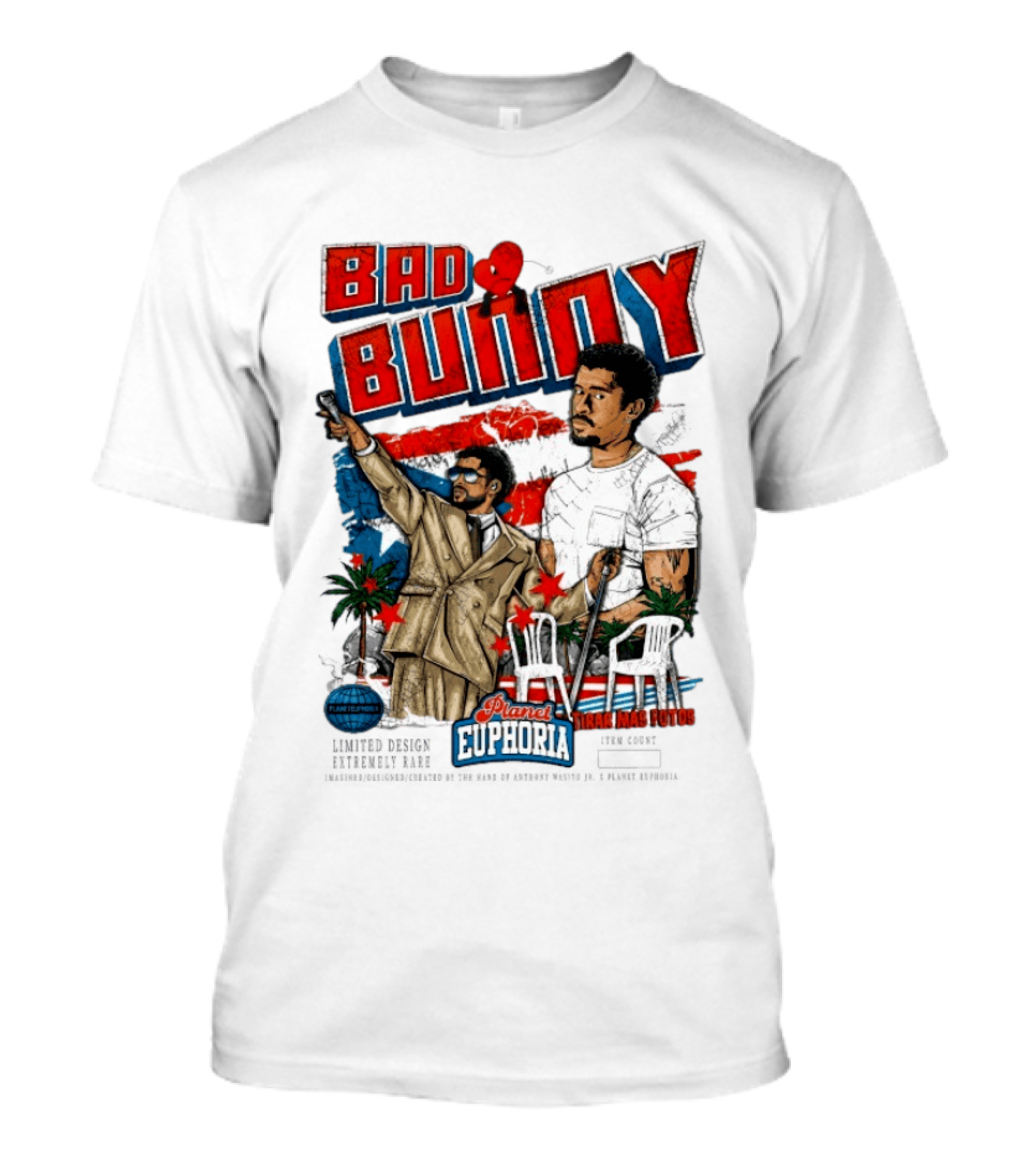 Bad Bunny Tirar Mas Fotos Planet Euphoria Palm Trees Chairs Red White Blue T-Shirt