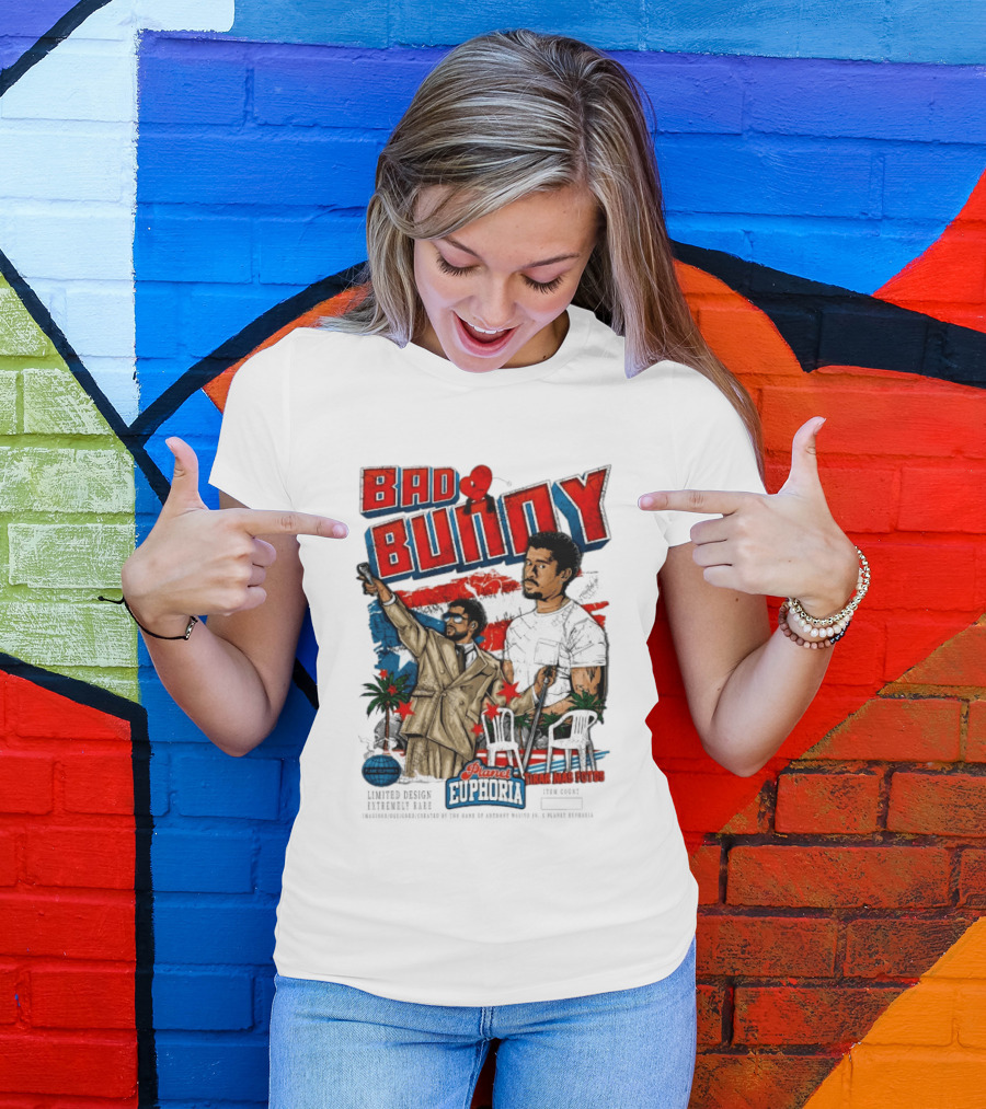 Bad Bunny Tirar Mas Fotos Planet Euphoria Palm Trees Chairs Red White Blue T-Shirt