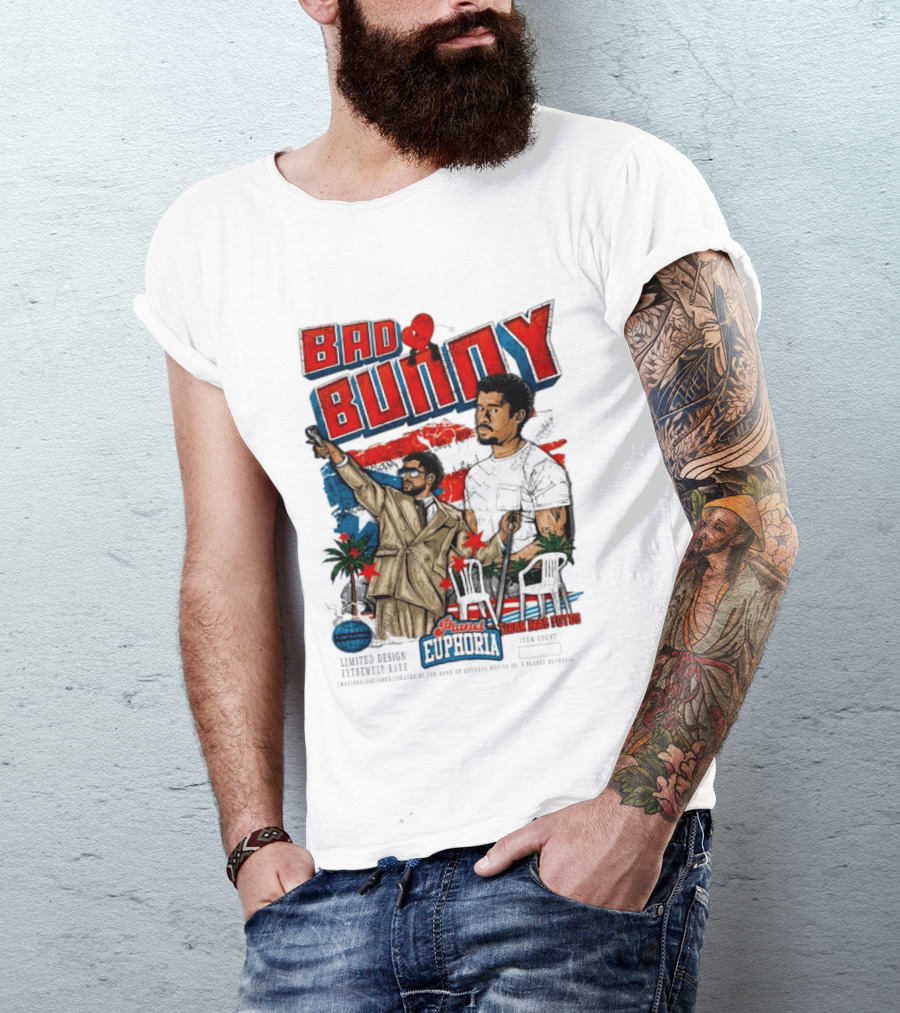 Bad Bunny Tirar Mas Fotos Planet Euphoria Palm Trees Chairs Red White Blue T-Shirt