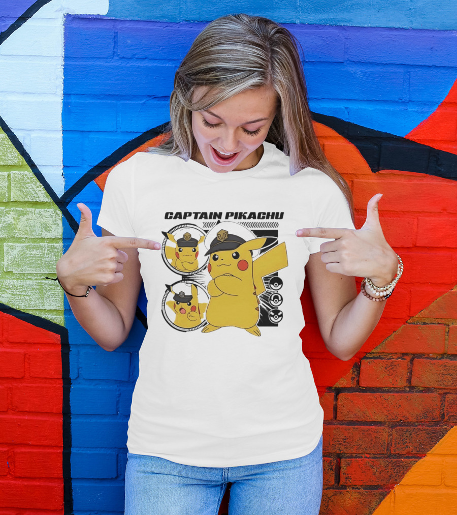 Captain Pikachu Cartoon Character With Hat And Expressions T-Shirt