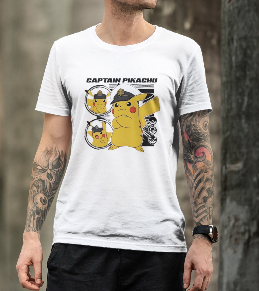 Captain Pikachu Cartoon Character With Hat And Expressions T-Shirt