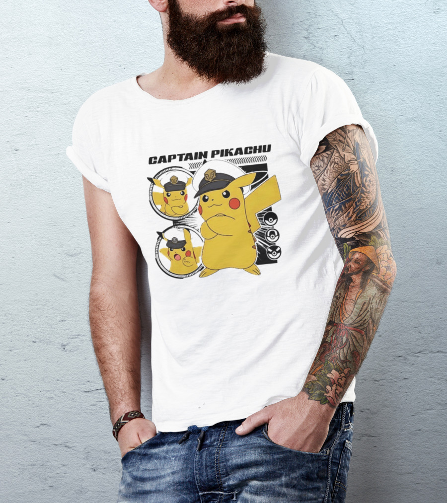Captain Pikachu Cartoon Character With Hat And Expressions T-Shirt