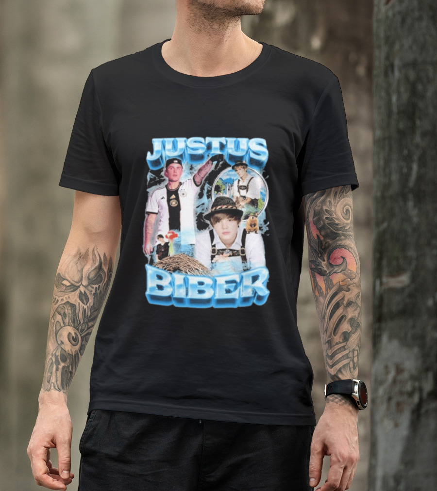 Justus Biber Justin Bieber Bavarian Inspired Collage Football Lederhosen T-Shirt