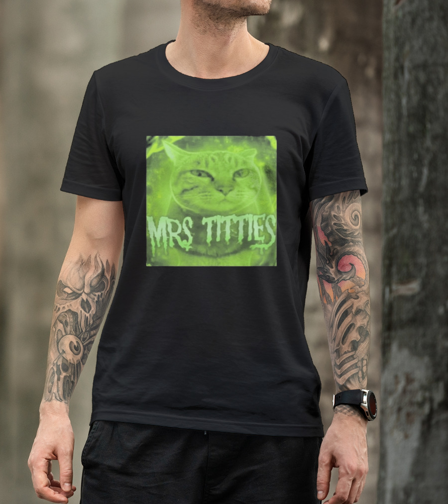Mrs Titties Cat Glowing Neon Green Feline T-Shirt