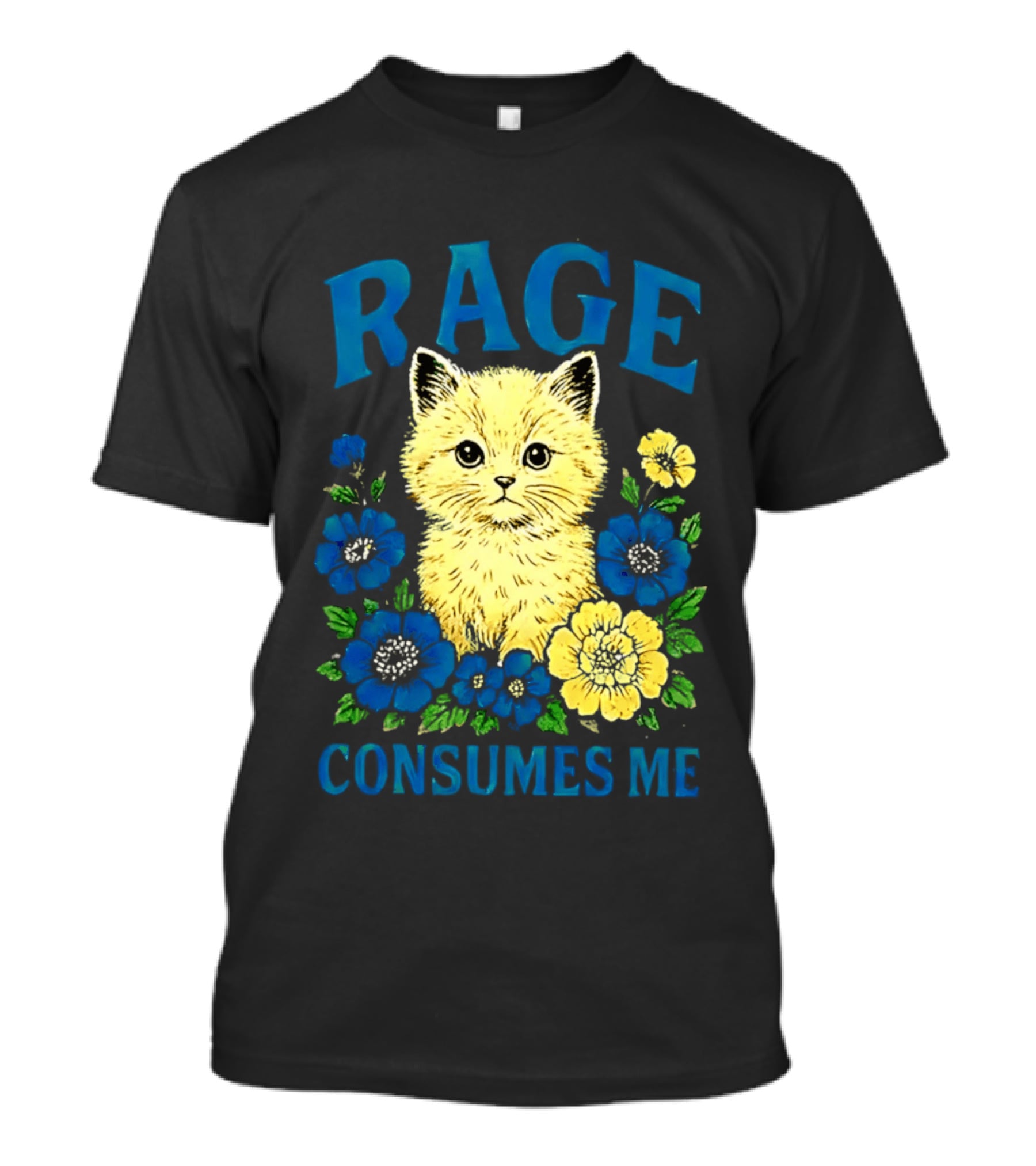 Rage Consumes Me Cat Surrounded By Blue And Yellow Flowers T-Shirt