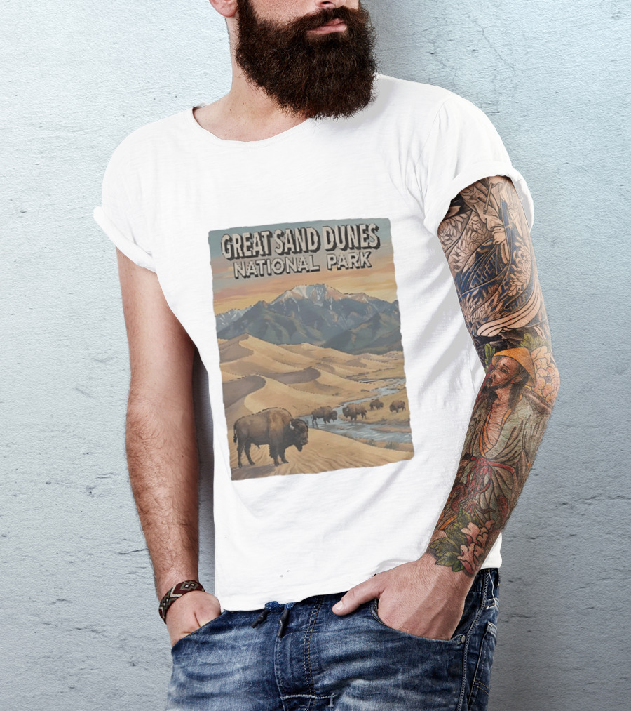 Great Sand Dunes National Park With Buffalo And Mountains Scene T-Shirt