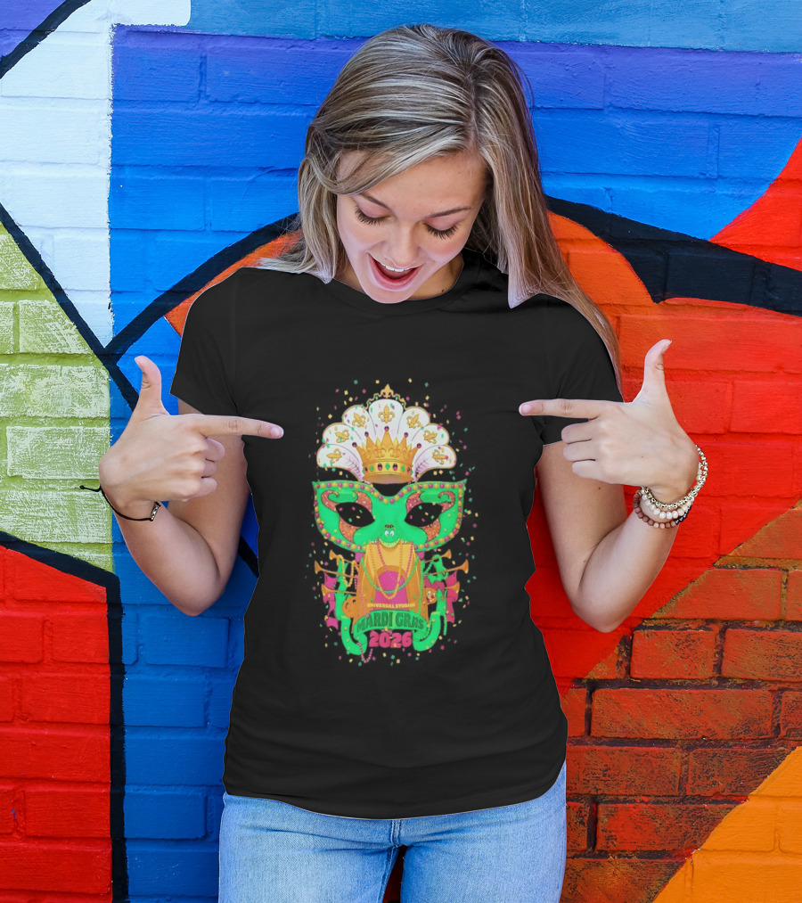Universal Studios Mardi Gras 2026 Festive Mask And Crown Celebration T-Shirt