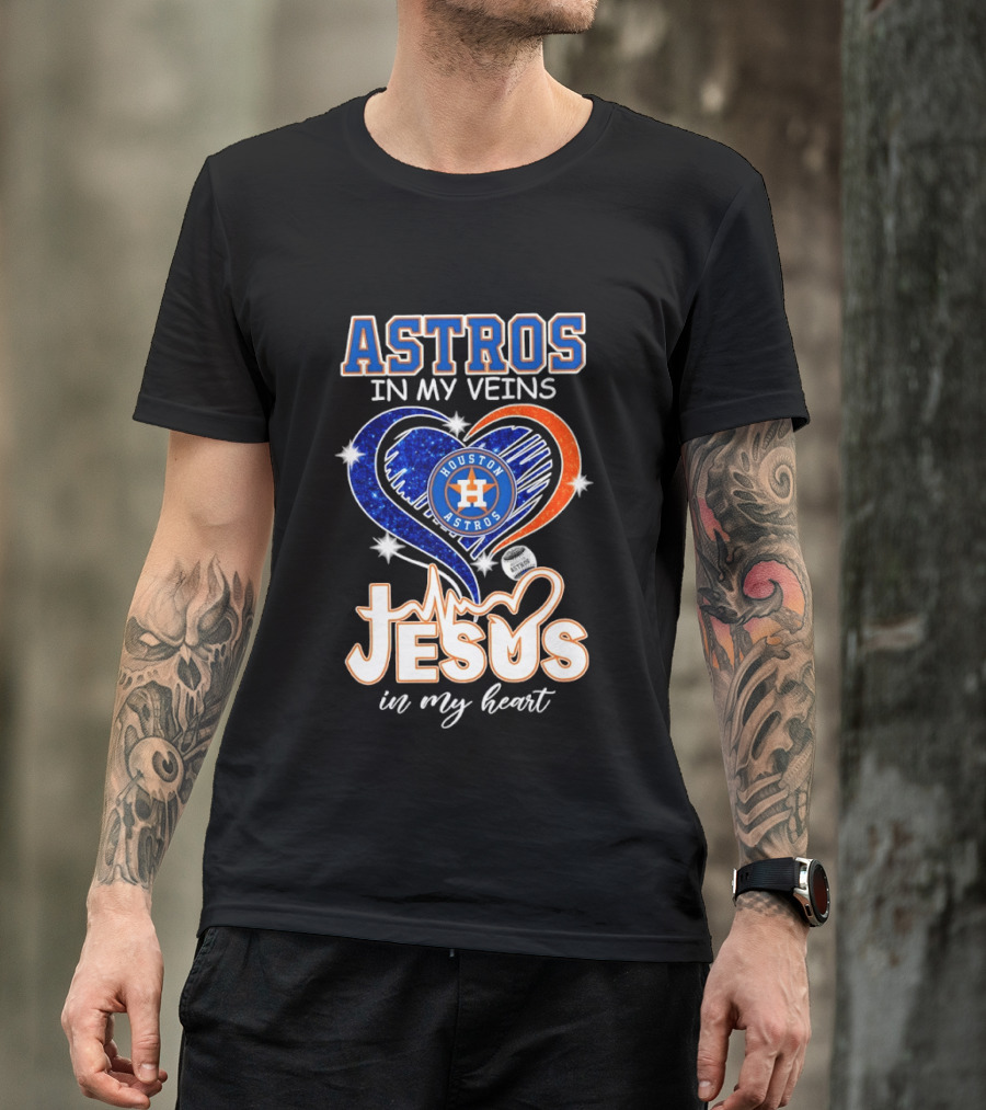 Houston Astros In My Veins Jesus In My Heart Heartbeat Diamond Shape T-Shirt