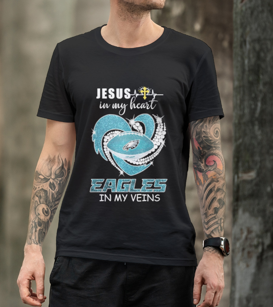 Jesus In My Heart Eagles In My Veins Diamond Heart Shape Football T-Shirt