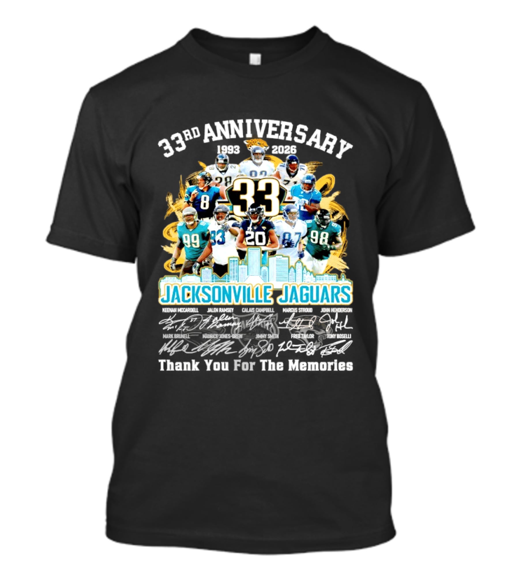 Jacksonville Jaguars 33rd Anniversary Players Collage City Skyline T-Shirt