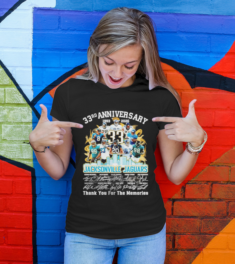 Jacksonville Jaguars 33rd Anniversary Players Collage City Skyline T-Shirt