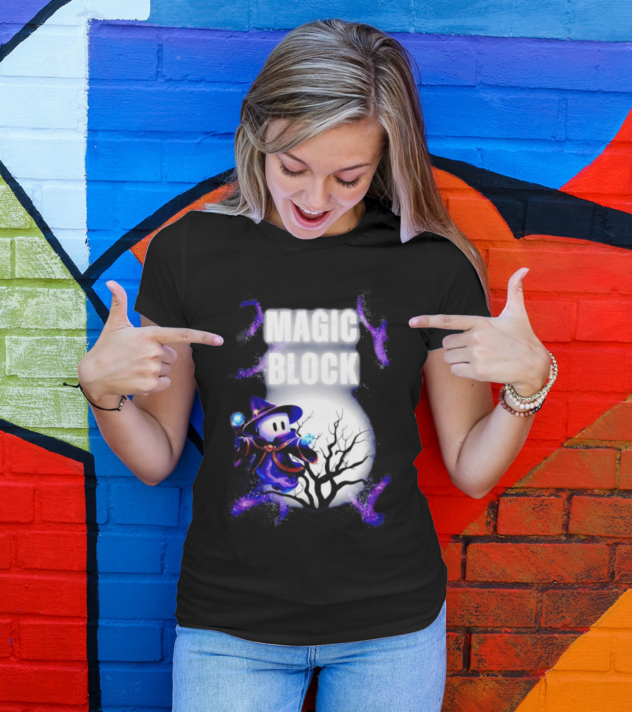 Magic Block Wizard With Glowing Orbs And Mystical Tree T-Shirt