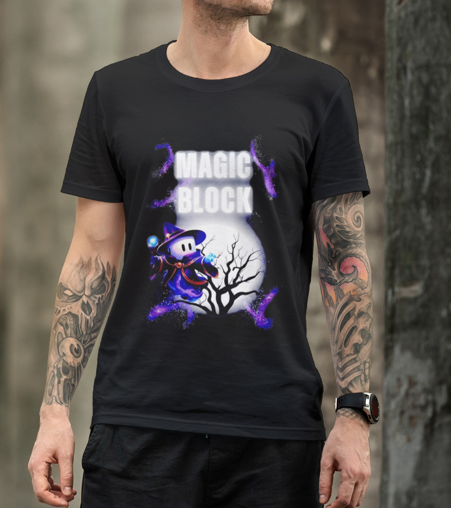 Magic Block Wizard With Glowing Orbs And Mystical Tree T-Shirt
