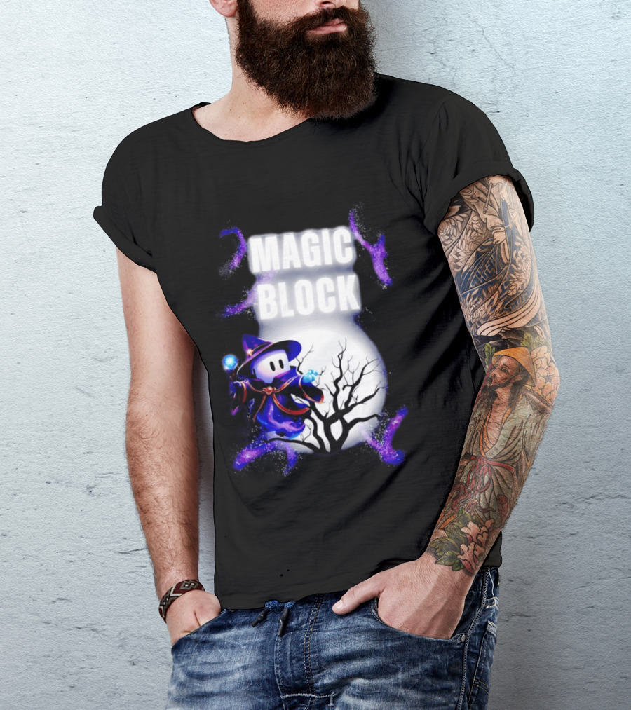 Magic Block Wizard With Glowing Orbs And Mystical Tree T-Shirt