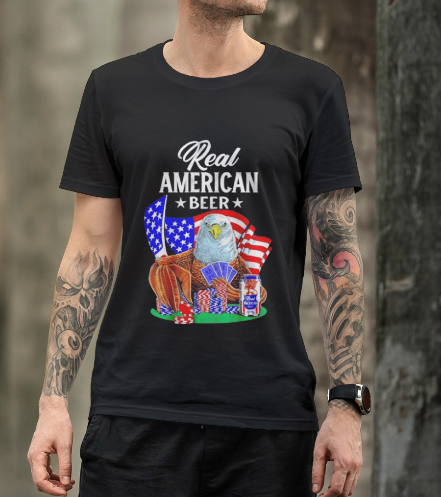 Real American Eagle Poker With Beer And Flag T-Shirt