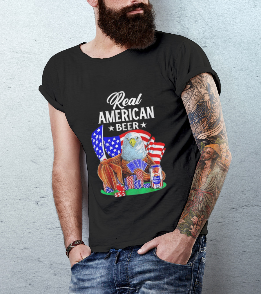 Real American Eagle Poker With Beer And Flag T-Shirt