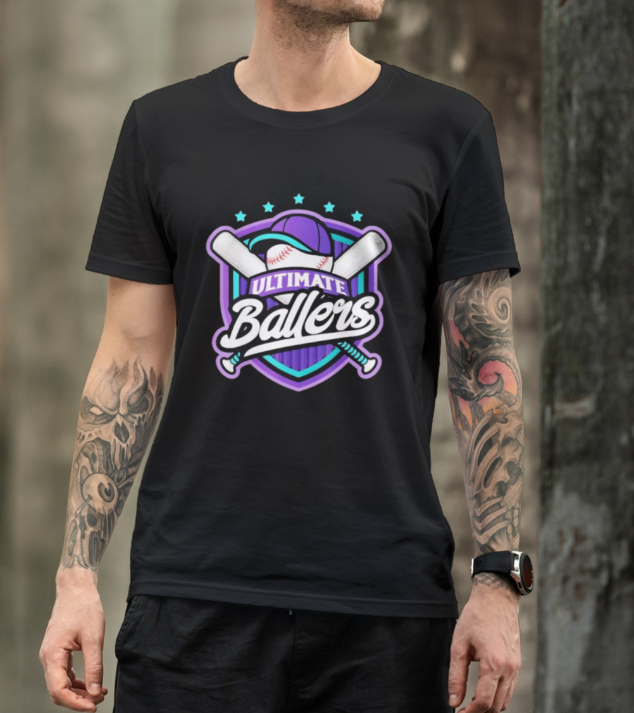 Ultimate Ballers Baseball Purple Cap Bats Retro Five Stars T-Shirt