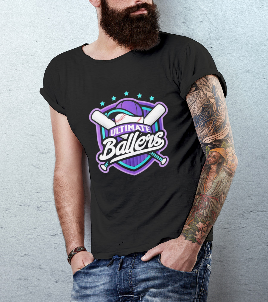 Ultimate Ballers Baseball Purple Cap Bats Retro Five Stars T-Shirt