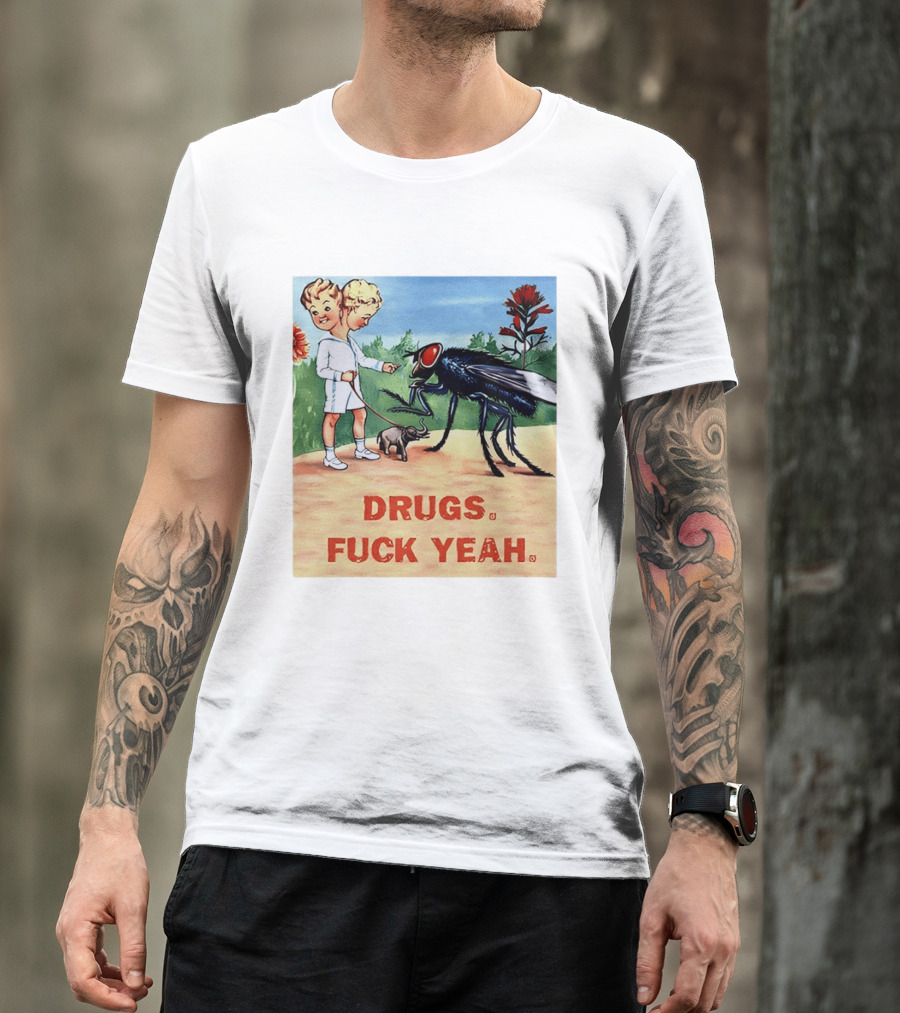 DRUGS FUCK YEAH Retro Cartoon Big Fly Tiny Elephant T-Shirt