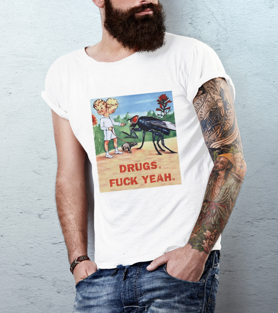 DRUGS FUCK YEAH Retro Cartoon Big Fly Tiny Elephant T-Shirt