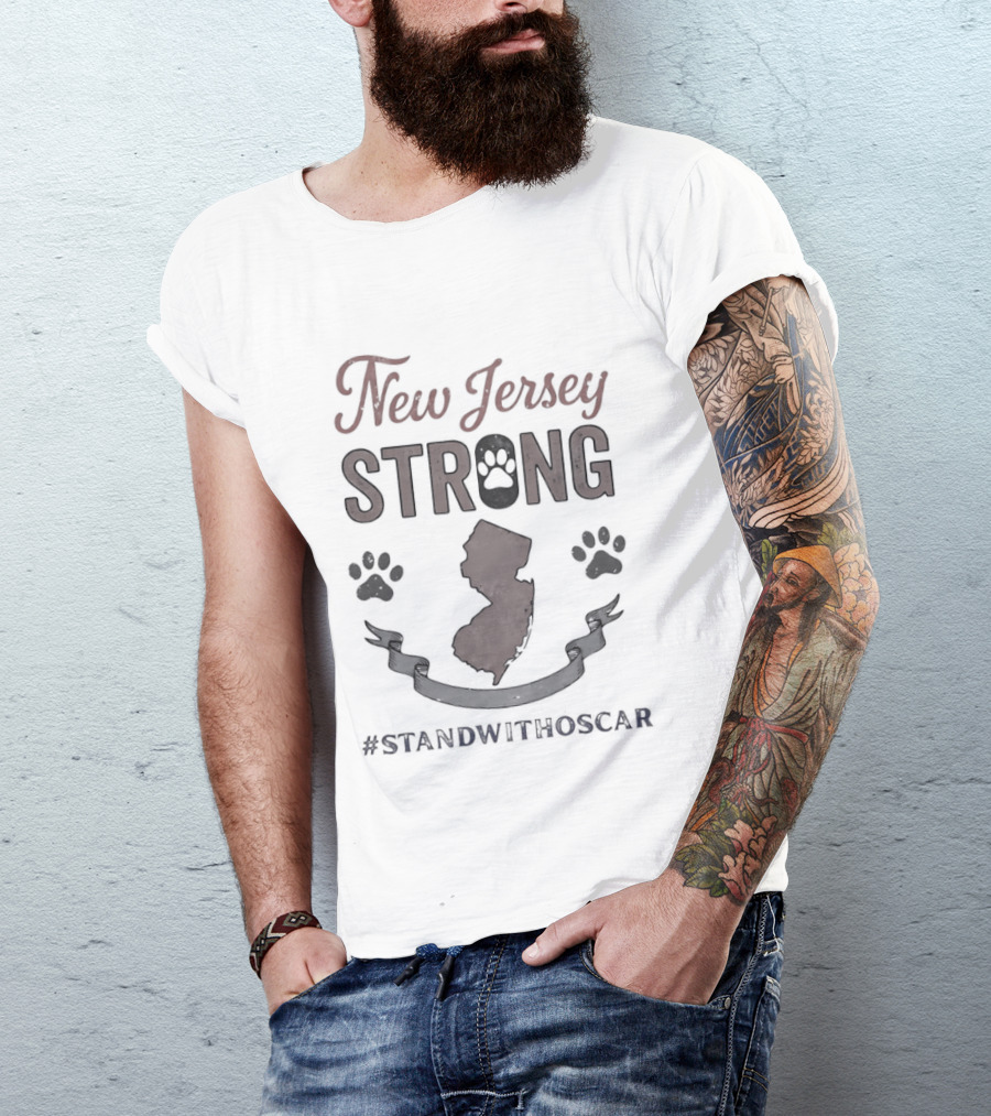 New Jersey Strong Stand With Oscar Support Hashtag Paw Print Map T-Shirt