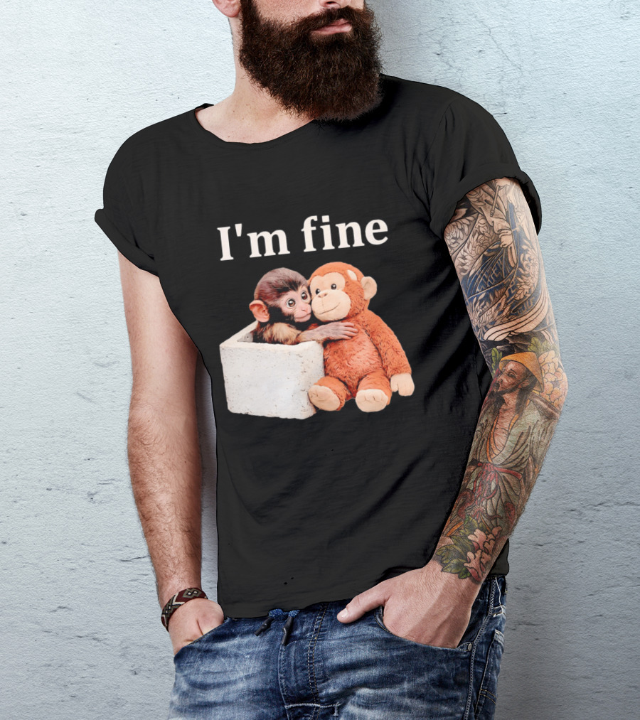 Sad Monkey Hugging Orange Toy With I'm Fine T-Shirt