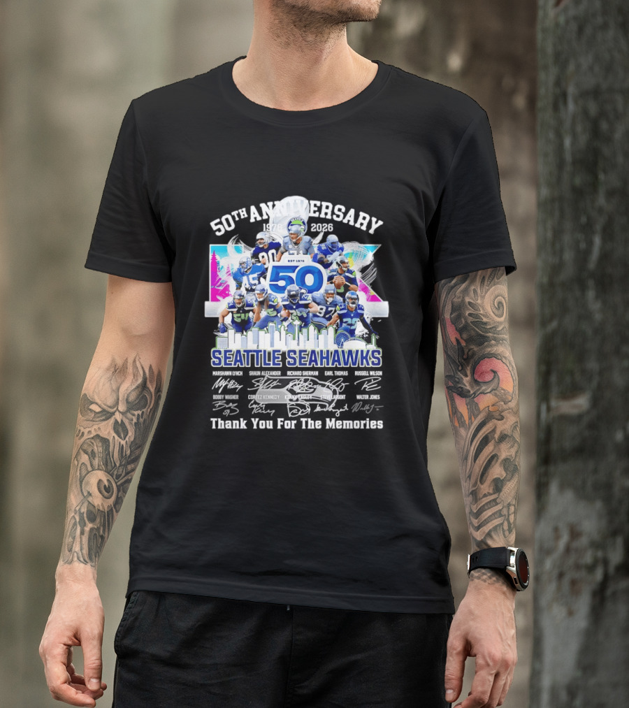Seattle Seahawks 50th Anniversary Est 1976 Players City Skyline T-Shirt