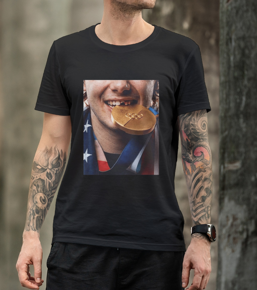 Jack Hughes Olympic Triumph 2026 USA Hockey Shattered Smile Golden Medal T-Shirt