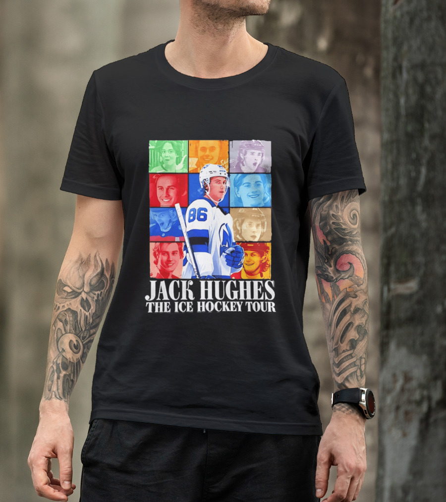 Jack Hughes 86 The Ice Hockey Tour Colorful Portrait Compilation T-Shirt
