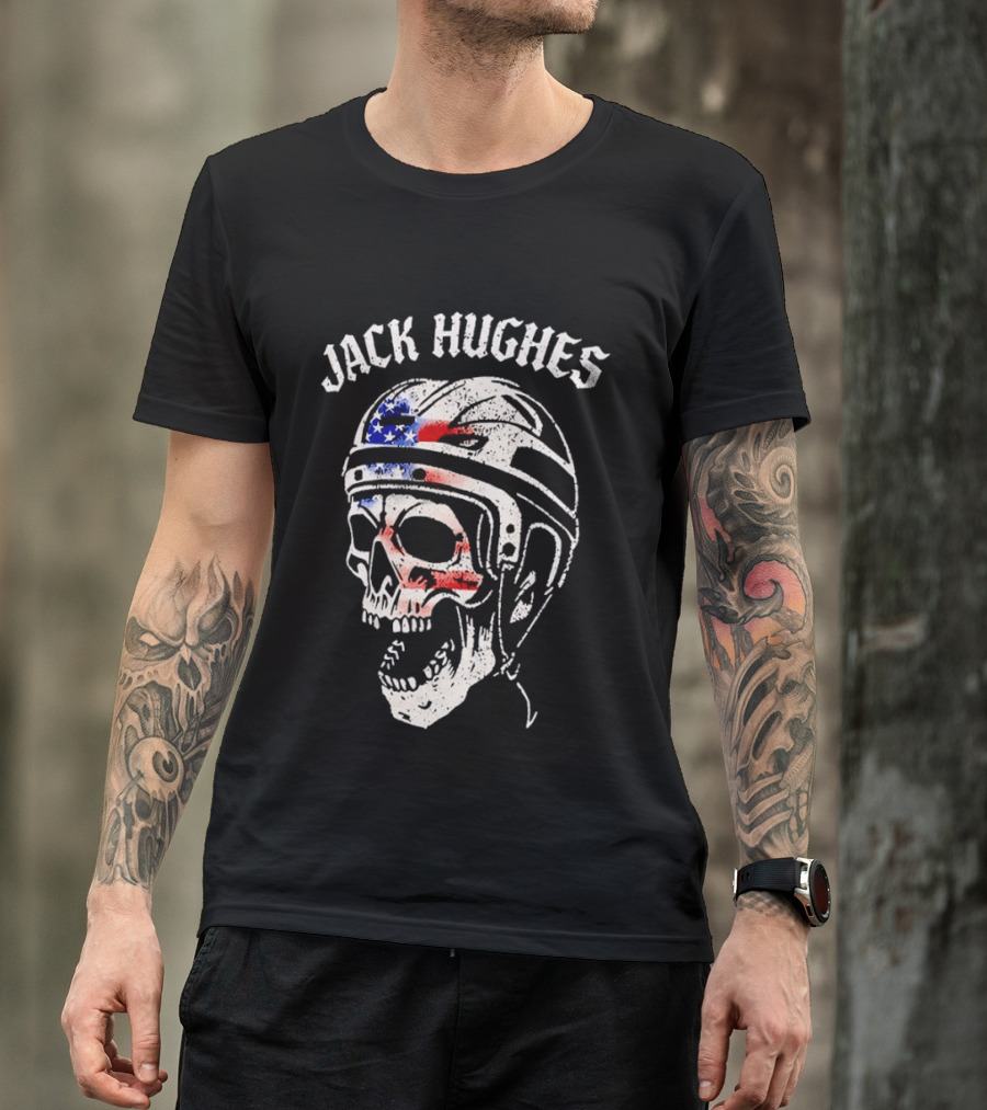 Jack Hughes USA Flag Skull Hockey Helmet T-Shirt