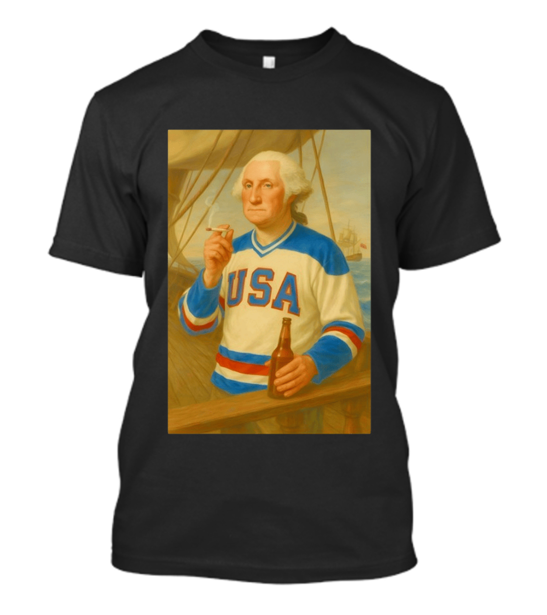 USA Hockey Jersey Wearing George Washington Smoking Holding Beer T-Shirt
