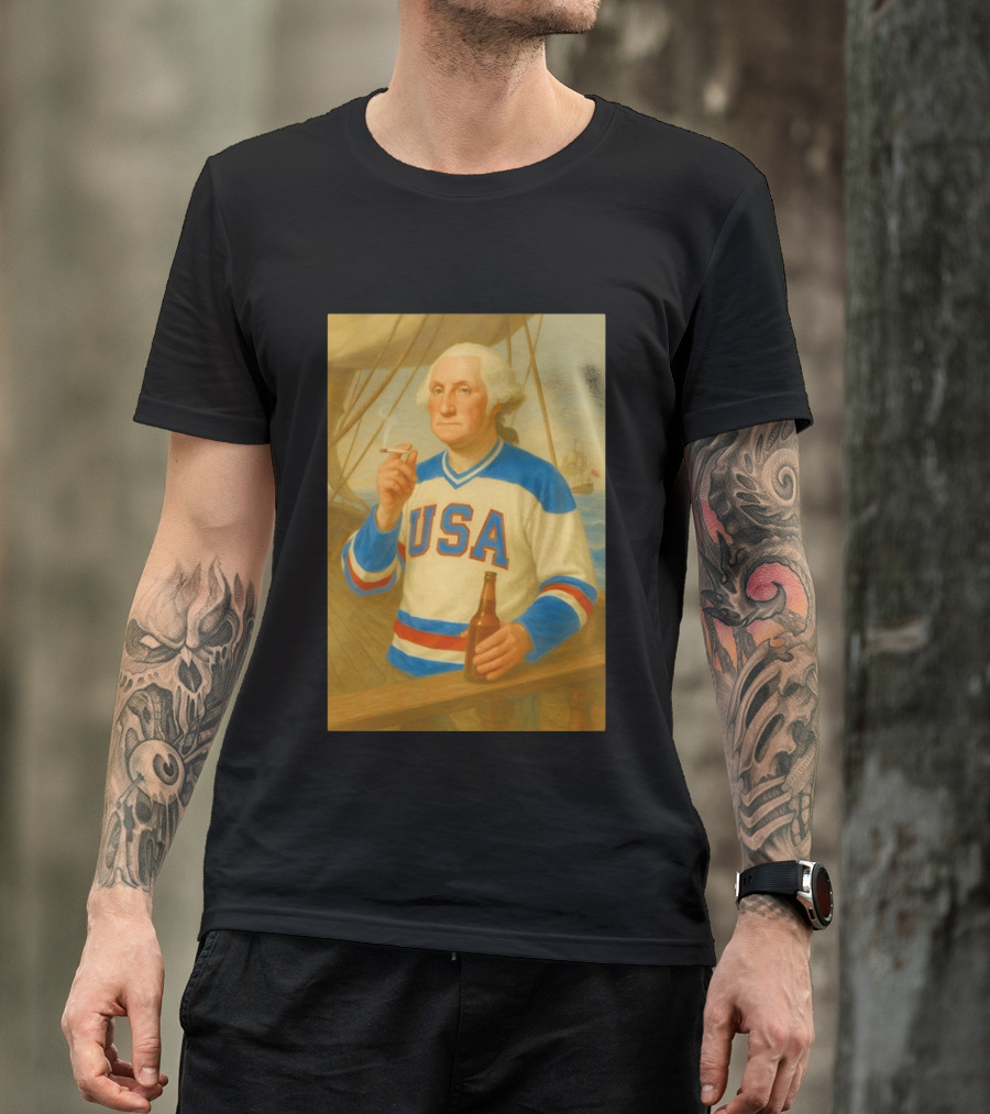 USA Hockey Jersey Wearing George Washington Smoking Holding Beer T-Shirt