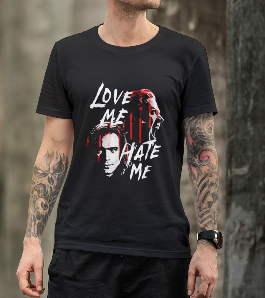 Love Me Hate Me White Text Red Brush Strokes Faces T-Shirt