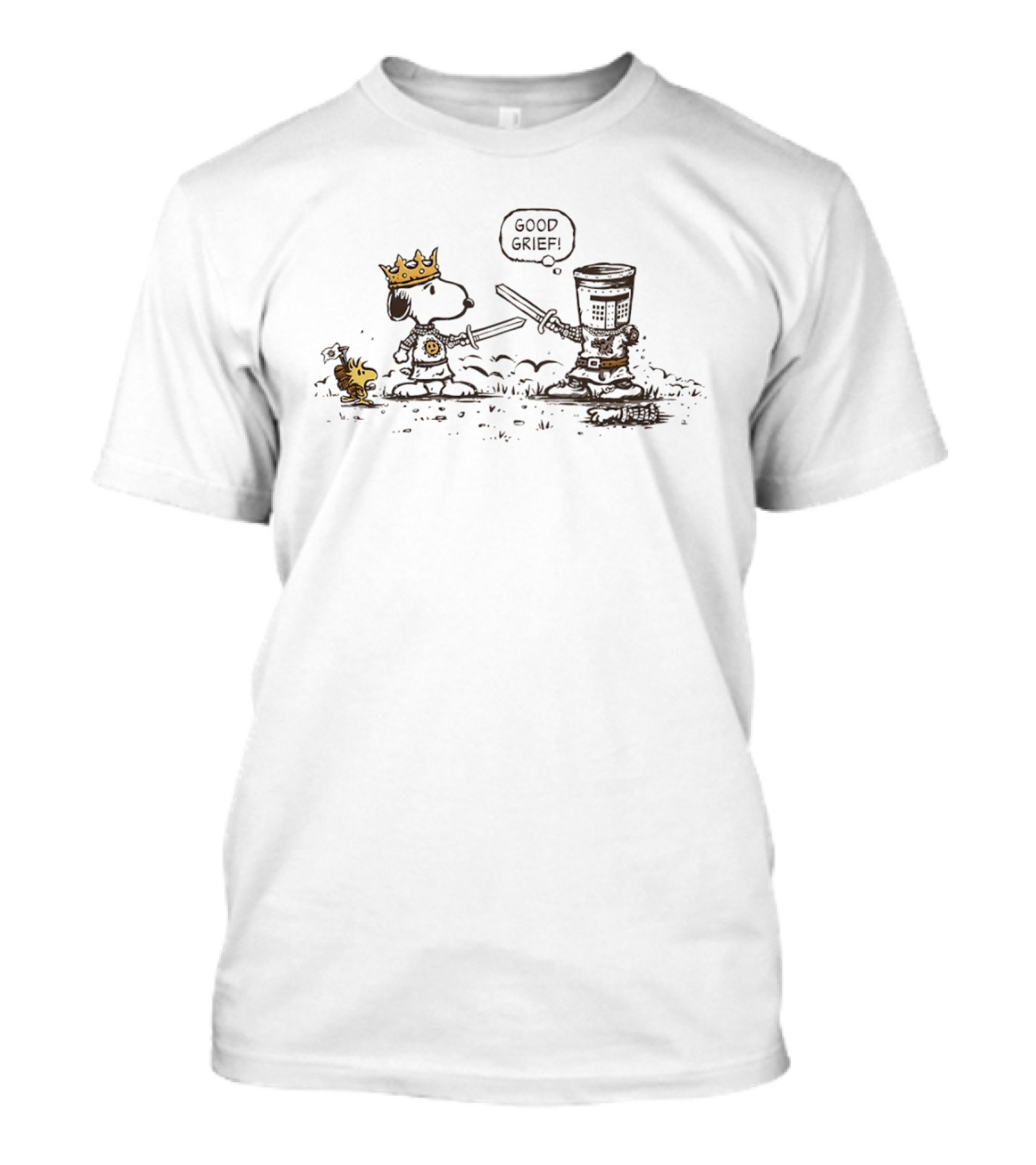 Peanuts Monty Python Holy Grail Good Grief Crossover Snoopy Woodstock Knights Battle T-Shirt