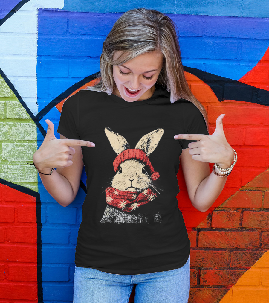 Bunny Rabbit In Red Knit Hat With Snowflake Scarf Winter T-Shirt