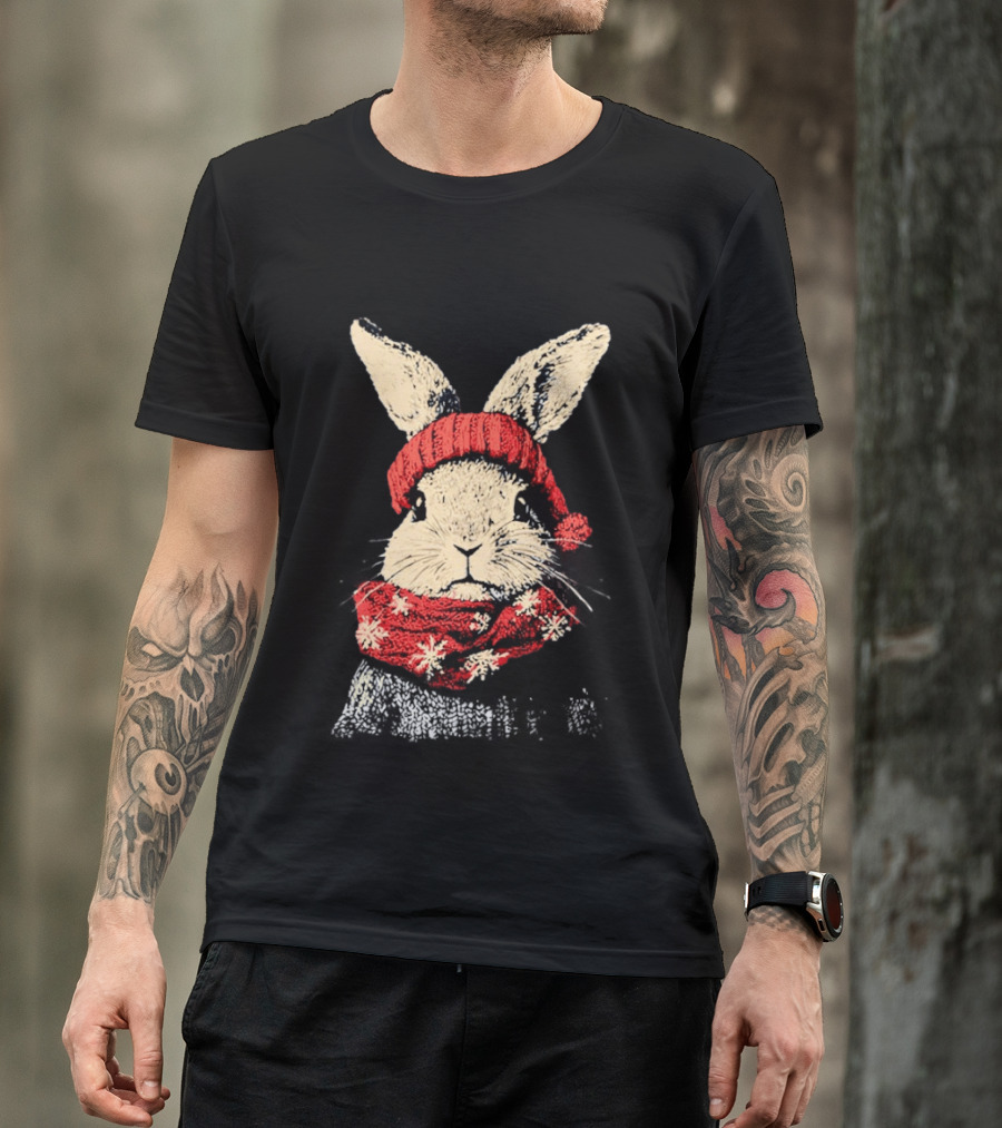 Bunny Rabbit In Red Knit Hat With Snowflake Scarf Winter T-Shirt