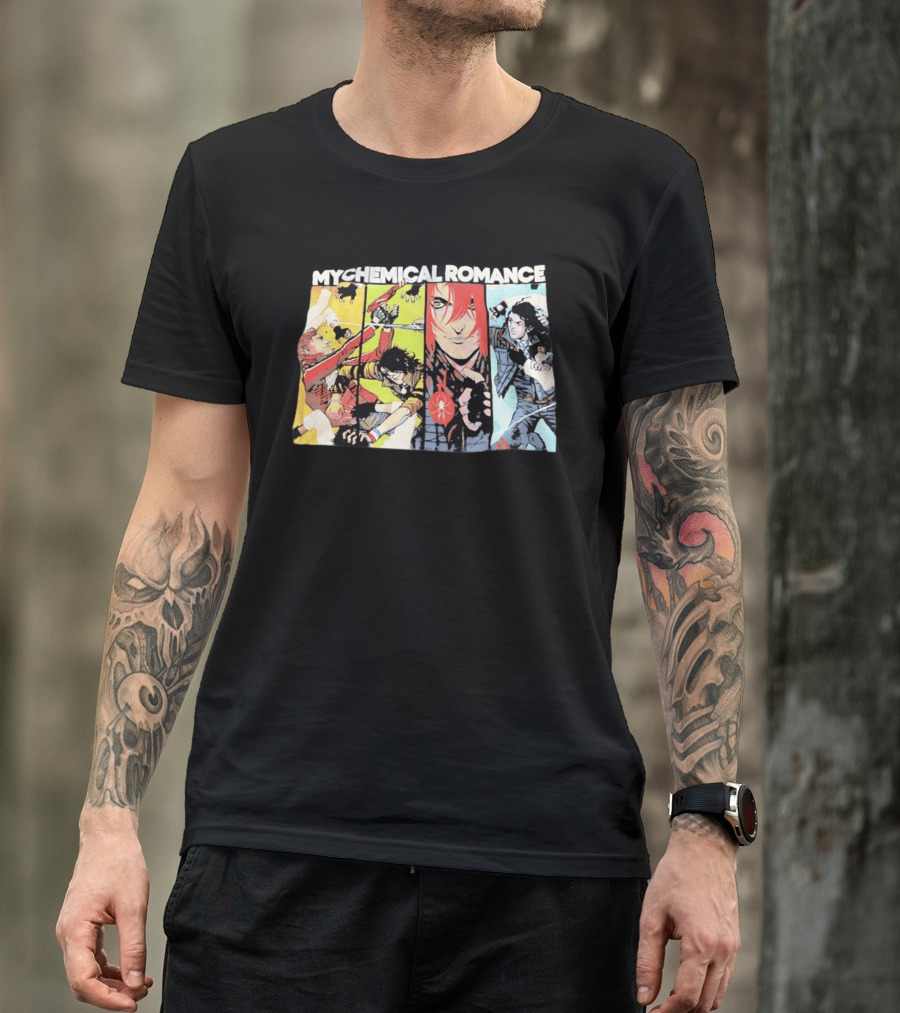 My Chemical Romance Comic Book Characters And Spider Symbol Vibrant Panel T-Shirt