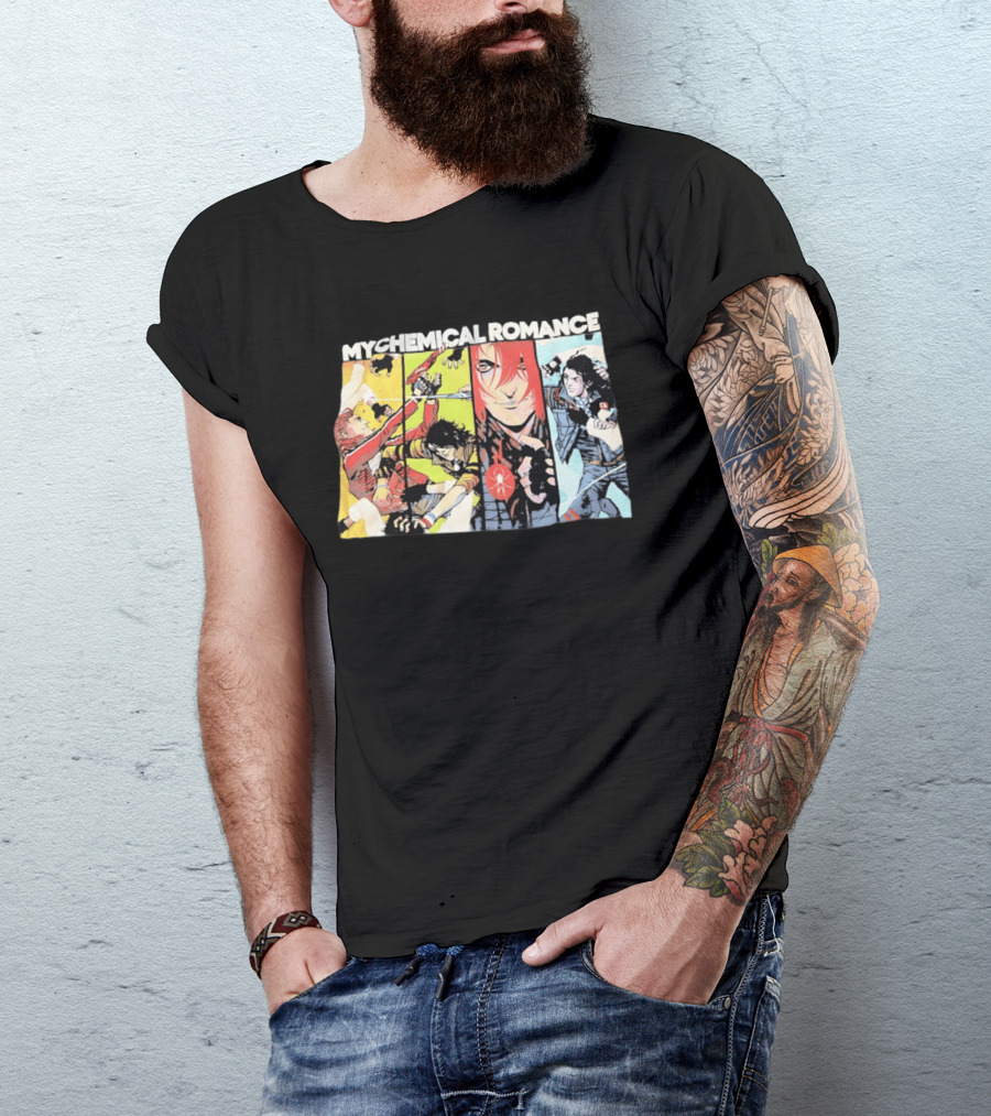 My Chemical Romance Comic Book Characters And Spider Symbol Vibrant Panel T-Shirt