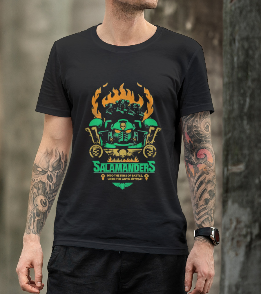 Salamanders Warhammer Into The Fires Of Battle Unto The Anvil Of War Flames And Skulls T-Shirt