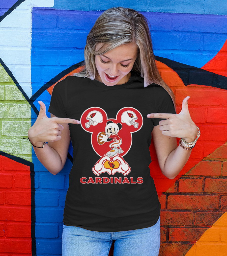 Arizona Cardinals Mickey Mouse Heart Hands Football Helmets T-Shirt