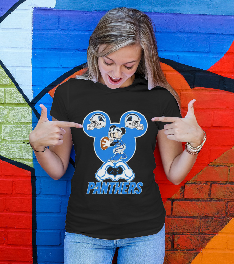 Panthers Mickey Mouse Football Love Heart Hands T-Shirt