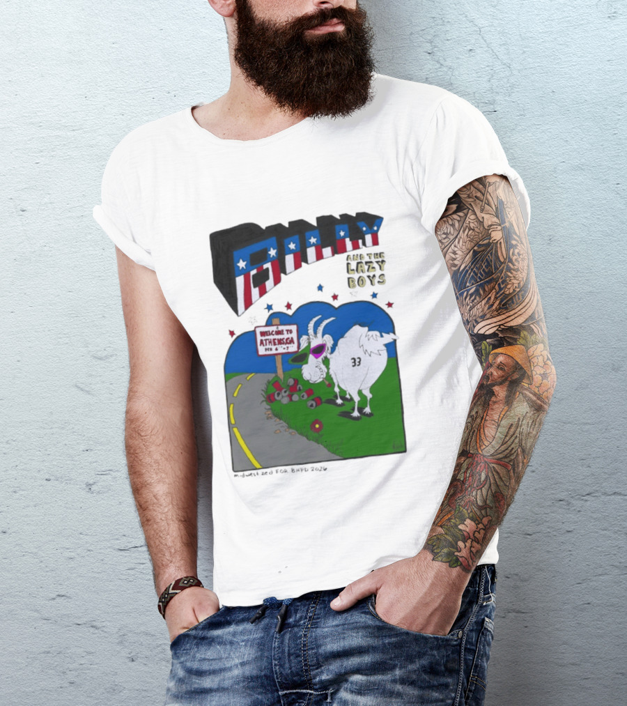 Billy And The Lazy Boys Athens GA Goat With Sunglasses Number 33 Welcome To Athens Sign T-Shirt