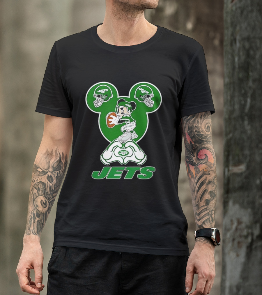 New York Jets Mickey Mouse Football Heart Hands T-Shirt
