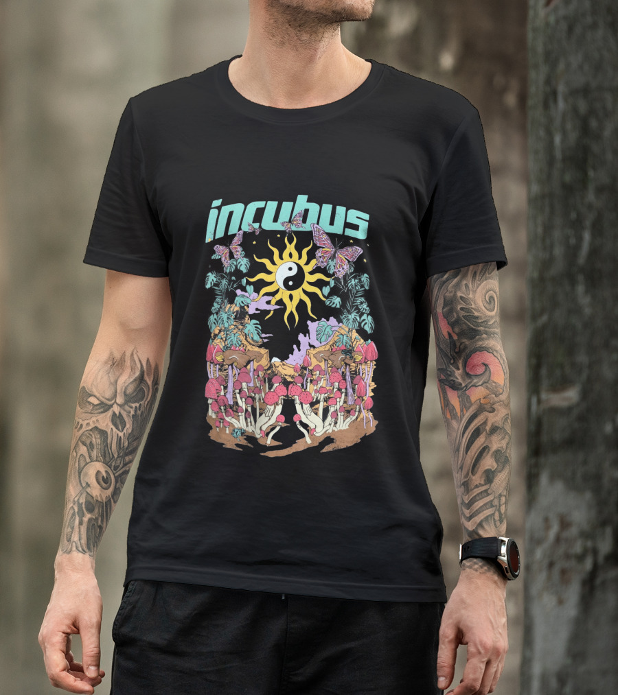 Incubus Yin Yang Sun With Mushrooms And Butterflies T-Shirt