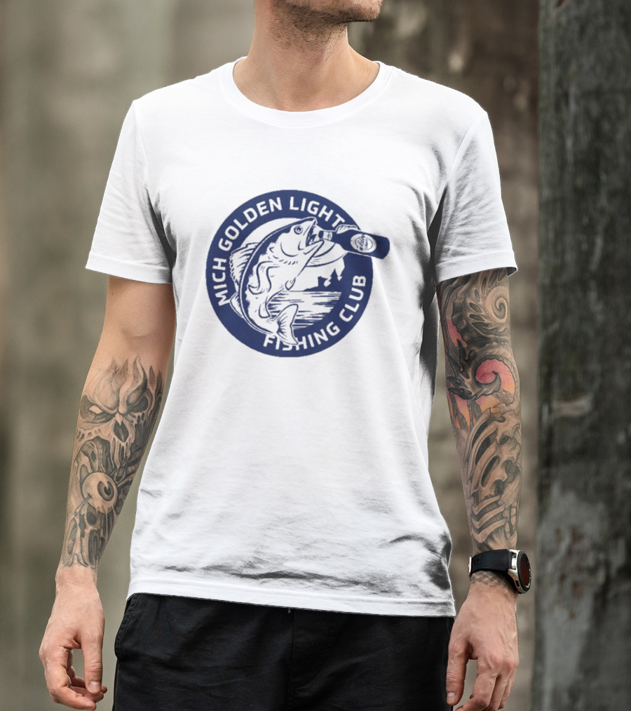 Mich Golden Light Fishing Club Logo With Fish And Bottle T-Shirt