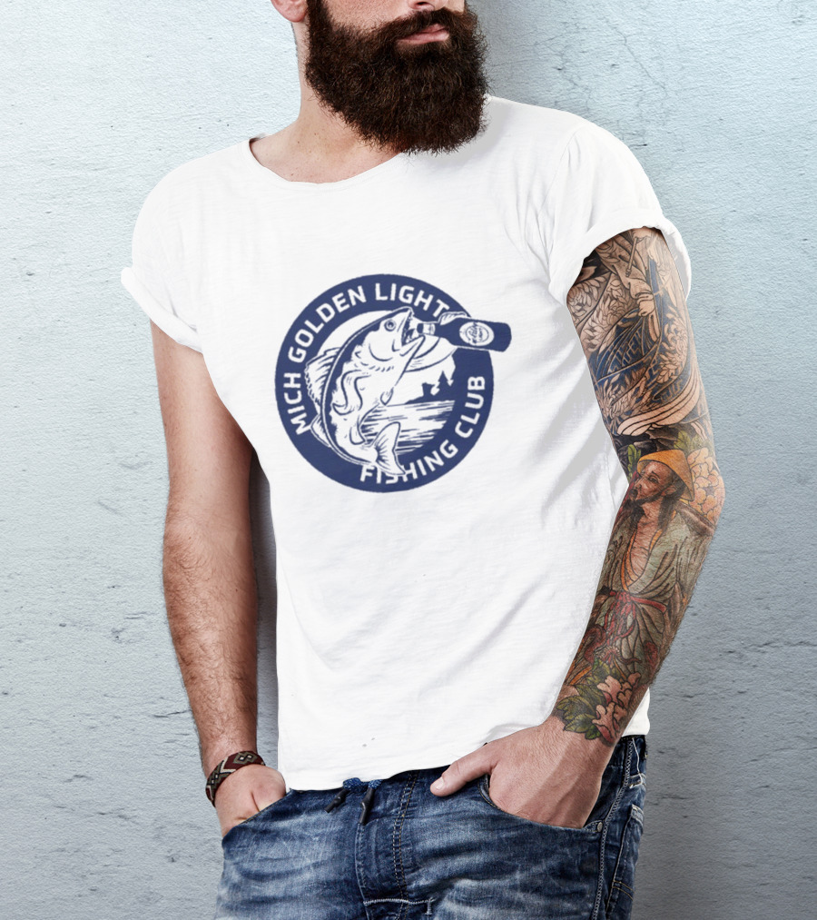 Mich Golden Light Fishing Club Logo With Fish And Bottle T-Shirt