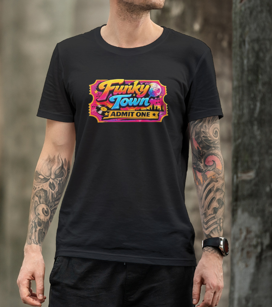 Funky Town Admit One Disco Ticket Skyline Vinyl Record T-Shirt